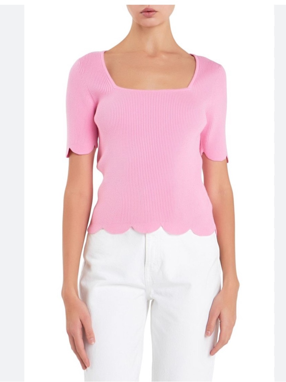 English Factory Womens  Square Neck Scalloped Hem Rib Pink Sweater Size‎ Small